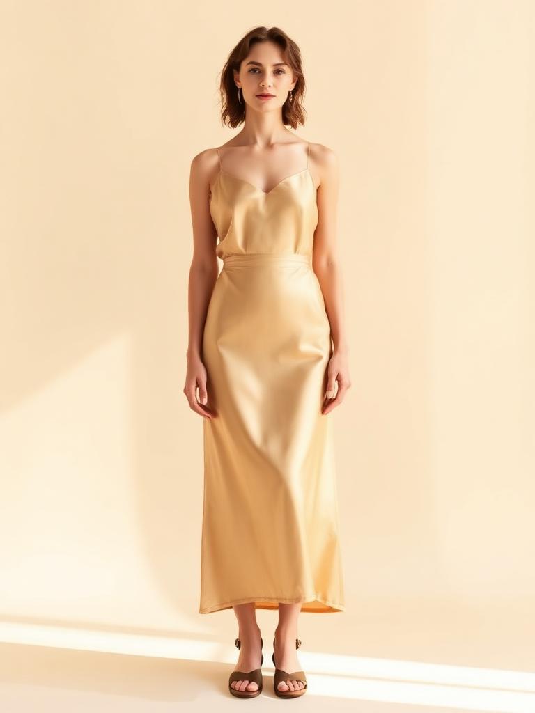 Champagne satin bias-cut midi dress, front view