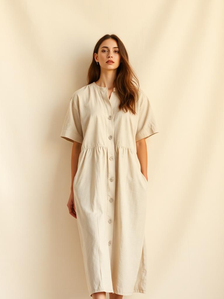 Stone linen day dress, front view