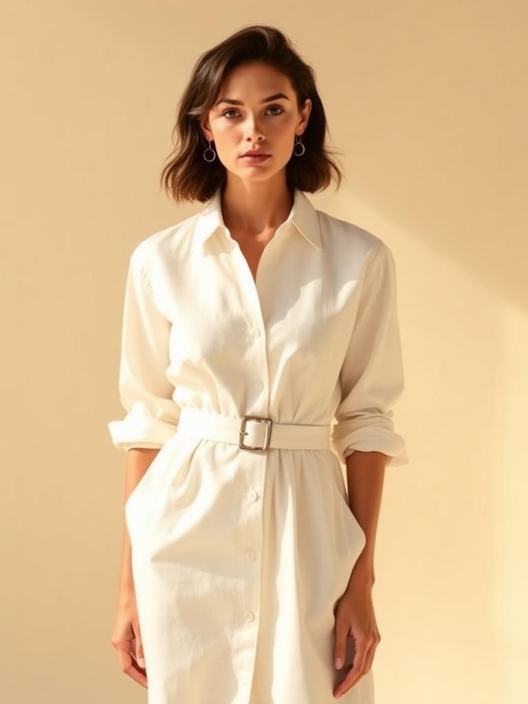 Ivory cotton poplin shirt dress, front view
