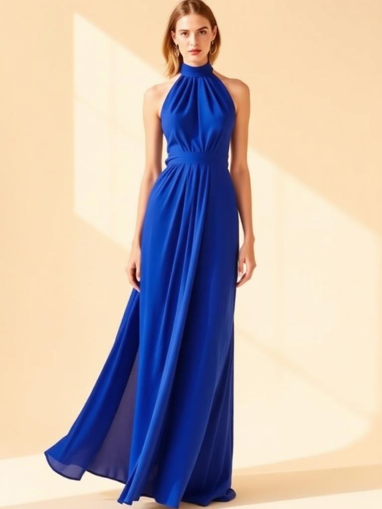 Cobalt blue halterneck maxi dress, front view