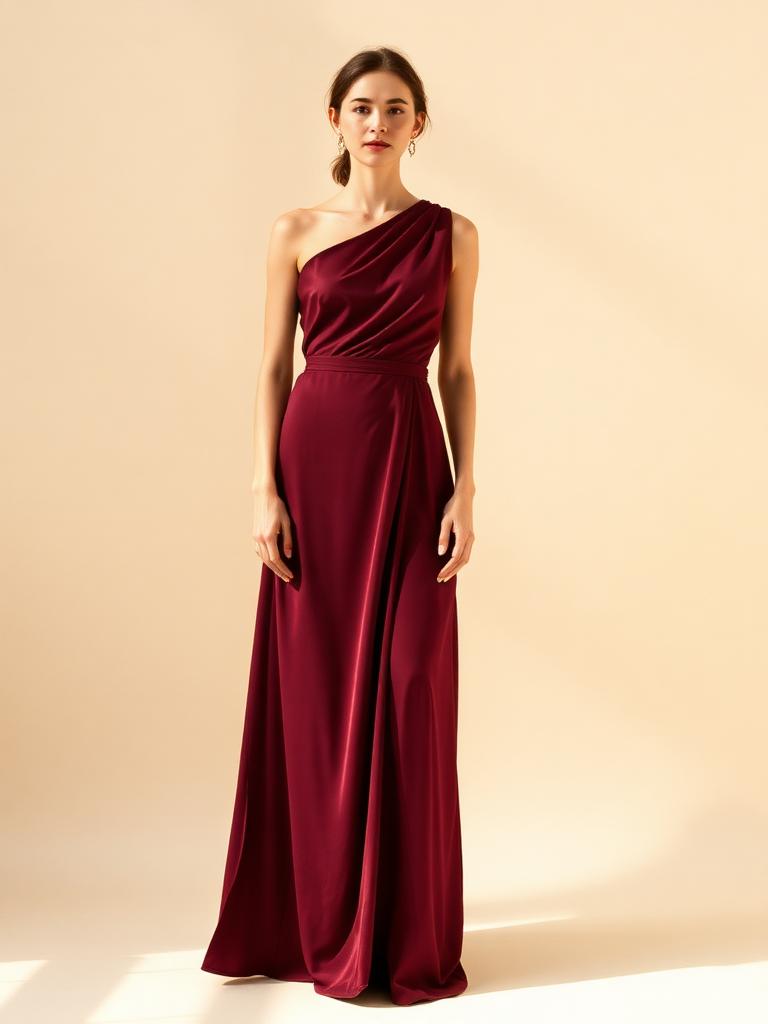 Burgundy one-shoulder maxi dress, front view