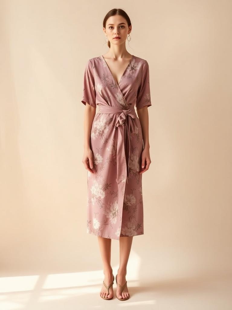Dusty rose floral wrap midi dress, front view